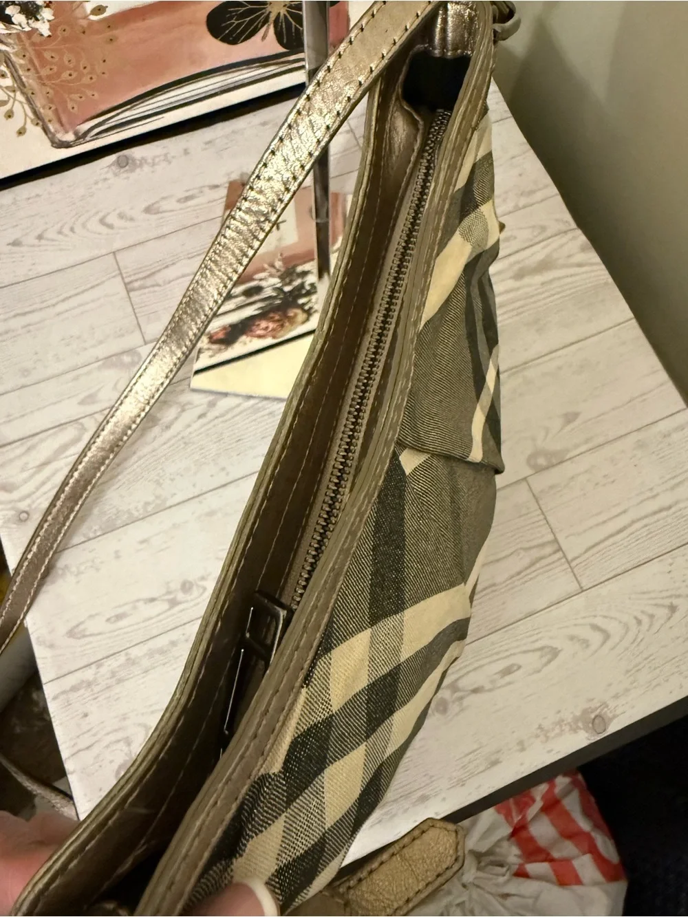 Burberry Plaid Canvas Crossbody Bag in Beige and Metallic Gold
